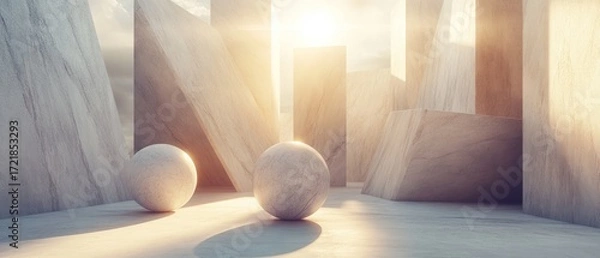 Fototapeta Abstract minimalist composition spheres beige geometric shapes sunlight shadows 3 d render
