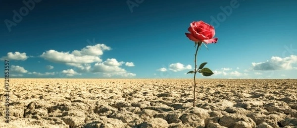 Fototapeta Resilience single rose in dry cracked earth under blue sky