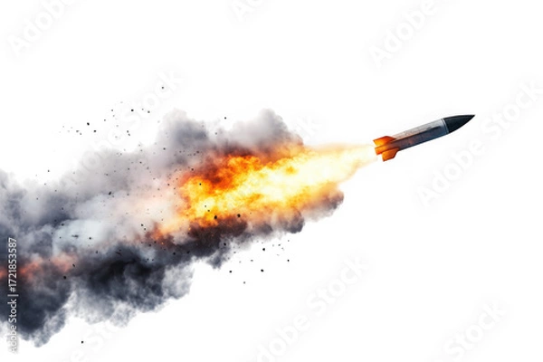 Fototapeta Missile rocket launch with bright orange fire and dark smoke trail isolated on a transparent background