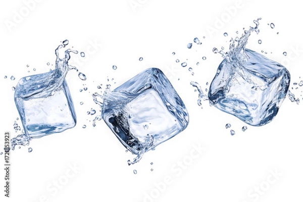 Fototapeta Three melting ice cubes with water splashes in motion isolated on a transparent background image