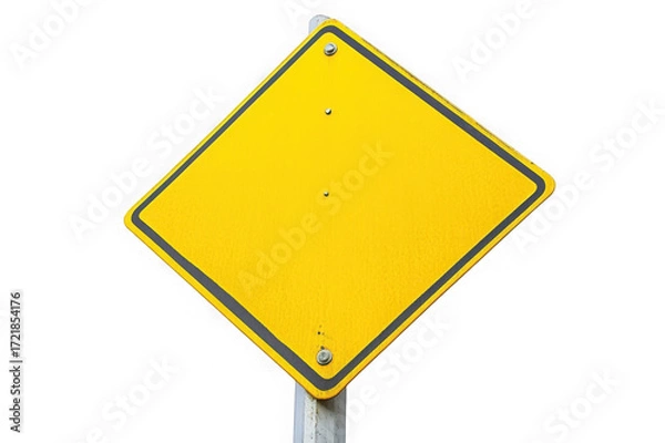 Fototapeta Yellow diamond shaped road sign with dark border on white pole isolated on a transparent background traffic