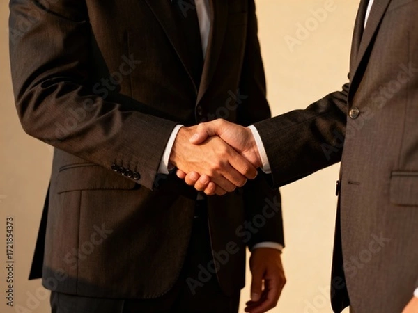 Obraz Two businessmen in suits engage in a handshake, symbolizing agreement and professionalism, with a soft focus background.