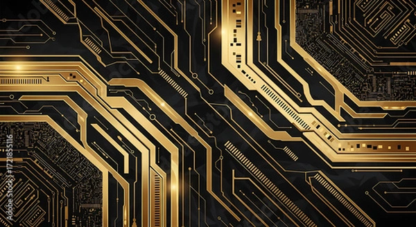 Fototapeta Abstract background featuring a circuit board design with golden lines and black backdrop