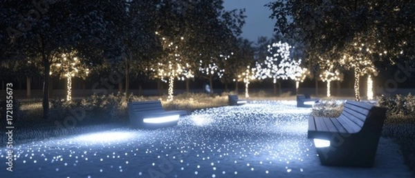 Fototapeta Luminous park path at night with benches and decorated trees