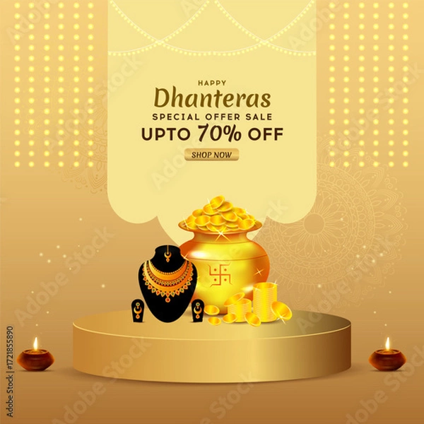 Fototapeta Happy Dhanteras Indian Festival Diwali biggest gold sale pedestal podium banner, poster and web header design vector illustration.