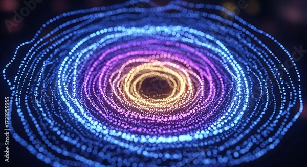 Fototapeta Abstract concentric circles of glowing dots in blue purple and gold on a dark background