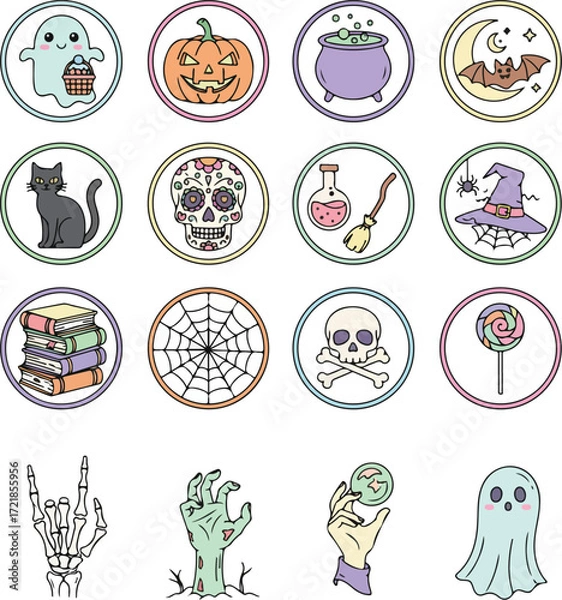 Fototapeta Colorful Halloween Line Art Icons Pack with Spooky Characters and Four Unique Blood Splatters