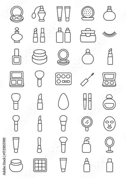 Fototapeta An illustration depicting a set of black icons of makeup and beauty salon attributes, isolated on a white background.