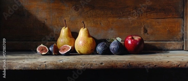 Fototapeta Rustic still life pears figs and apple on wooden surface