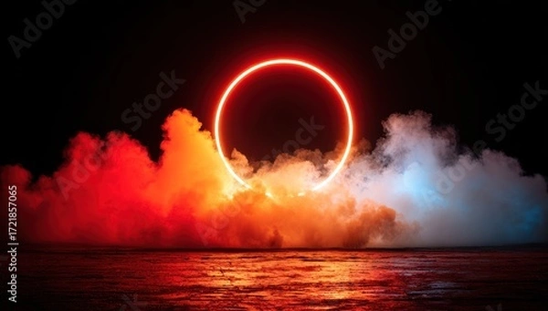 Obraz A vibrant, dramatic scene features a glowing neon circle situated above a body of water, surrounded by billowing, colorful smoke.