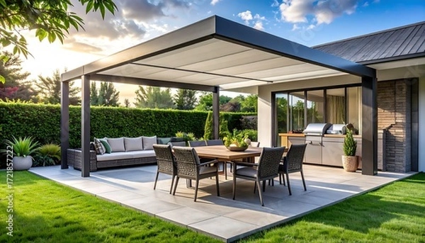 Obraz Modern patio with pergola and outdoor dining set