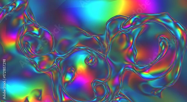 Fototapeta Abstract iridescent holographic fluid with swirls and rainbow colors in a bright background