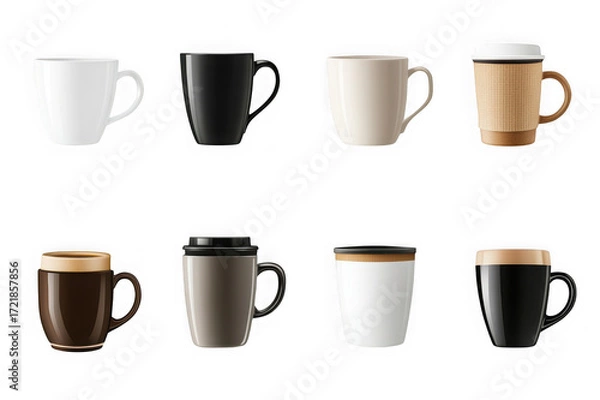 Fototapeta Collection of eight diverse coffee cups and mugs in various colors and styles isolated on a transparent background