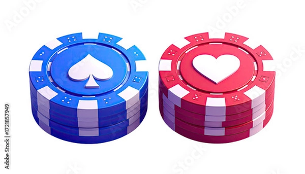Obraz Two poker chips, one blue with a spade, one red with a heart