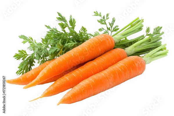 Fototapeta Four fresh orange carrots with green leafy tops isolated on a transparent background vegetable