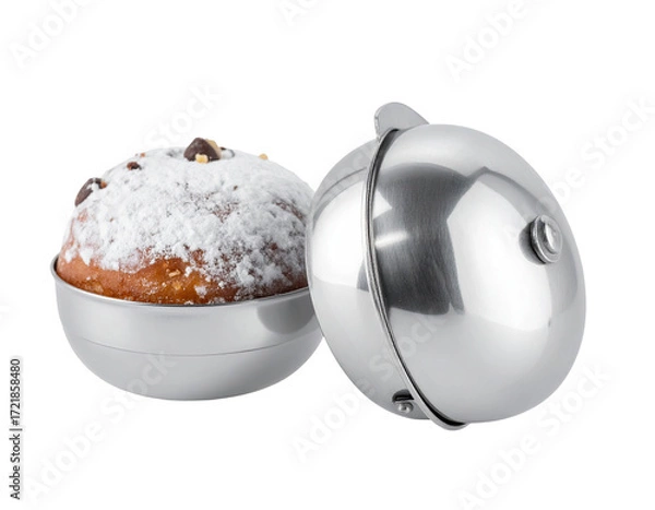 Obraz Two metallic spherical containers holding a dusted pastry