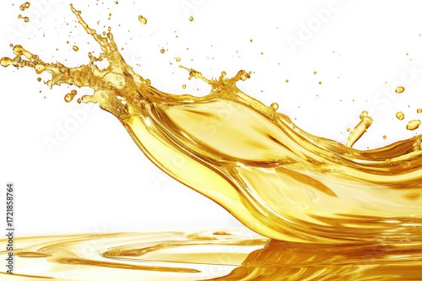 Fototapeta Golden liquid splash with droplets against black background isolated on a transparent background fluid