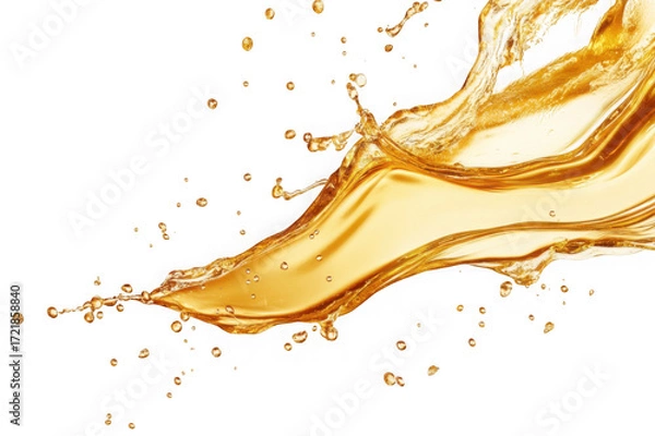 Fototapeta Golden liquid splash with droplets dynamic motion isolated on a transparent background yellow