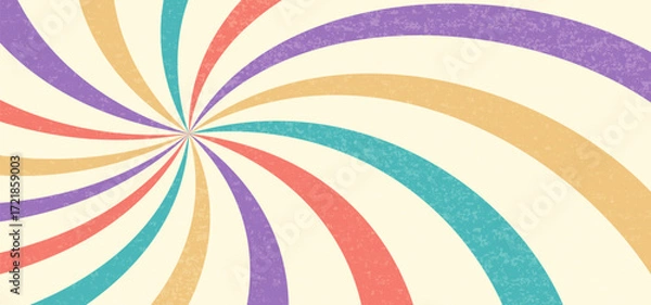 Fototapeta Swirl retro starburst background, groovy spiral candy pattern. Carnival radial rainbow print, abstract funky bg. Disco striped rays poster, wave twist line grunge effect wallpaper. Vector illustration