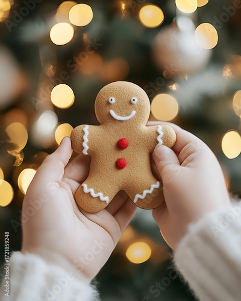 Obraz A handmade felt gingerbread man decoration as a gift for a child. Little, cheerful children's hands gently hold the gingerbread man, admiring it.