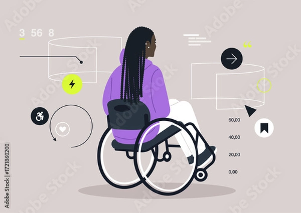 Fototapeta A creative scene captures a wheelchair user surrounded by futuristic screens displaying data and icons, merging technology with daily life in an imaginative environment