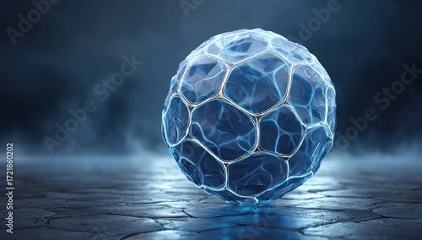 Obraz A glowing, multifaceted sphere rests on a dark, textured surface, evoking a sense of futuristic wonder.