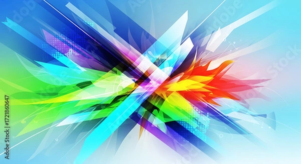 Fototapeta Abstract multicolored geometric shapes overlapping on a light blue gradient background
