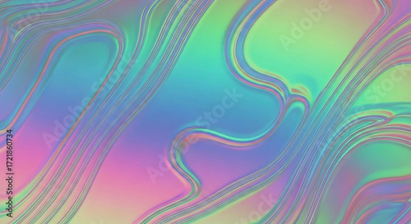 Fototapeta Iridescent flowing liquid with wavy lines and a gradient from green to pink and blue hues abstract art