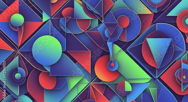 Fototapeta Geometric abstraction featuring triangles circles squares in blue green red and purple tones