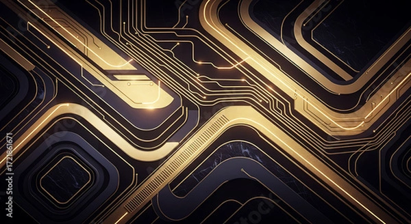 Fototapeta Abstract golden circuit board design with intricate lines and geometric shapes on dark background