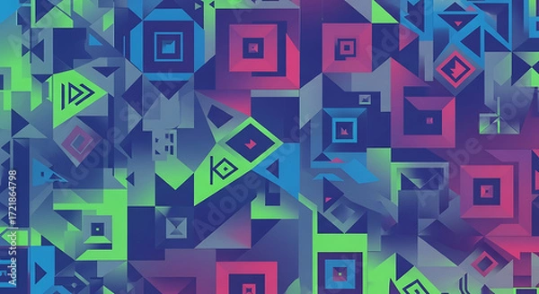 Fototapeta Abstract geometric pattern with squares triangles and other shapes in blue green and pink hues