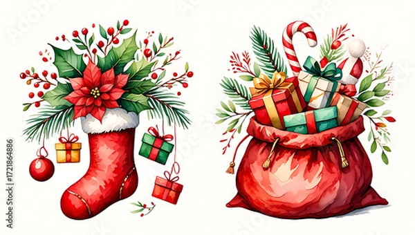 Obraz Festive Christmas Watercolor Illustration featuring a Stocking filled with Poinsettias and a Santa Sack overflow with Presents