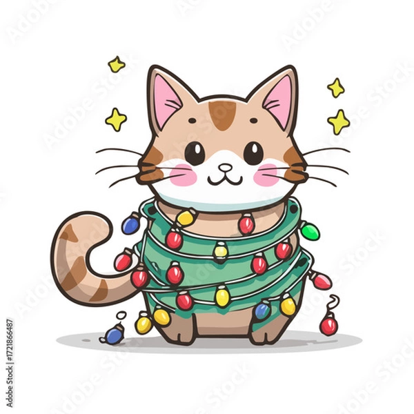 Obraz Cute Christmas Cat with Lights Vector — Adorable Holiday Kittens Tangled in Festive String Lights