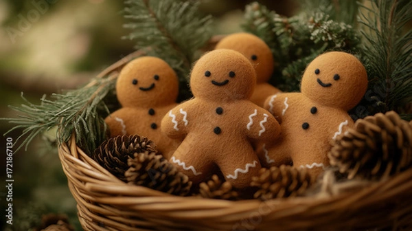 Obraz A collection of adorable handmade gingerbread men with slight variations, housed in a rustic wicker basket filled with pine cones and fir branches.