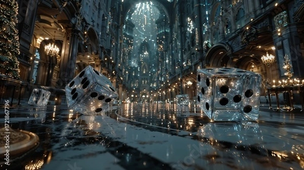 Fototapeta Luxurious Cathedral Interior With Large Dice On Wet Marble Floor During Christmas
