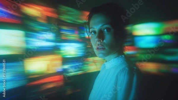Fototapeta Portrait Of A Woman In Neon Lights With Blur Motion, White Lace Collar Top