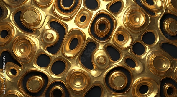 Fototapeta A close up of a golden abstract design with circles and organic shapes on a dark background