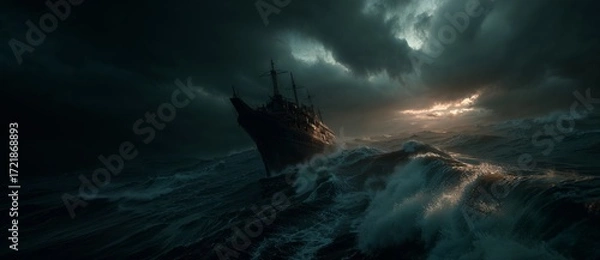 Fototapeta Stormy Ocean Vessel Battles Rough Seas Under Dramatic Sky at Dusk Silhouetted Ship