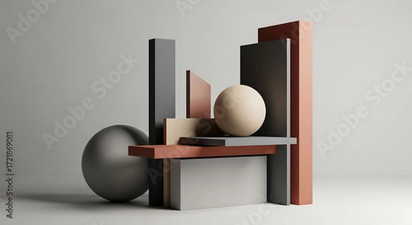 Fototapeta Geometric composition featuring spheres and rectangular blocks in muted color palette on a gray background