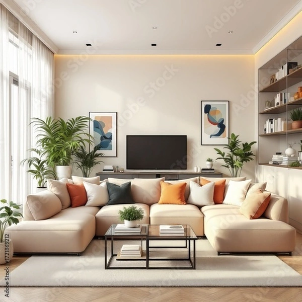 Fototapeta Serene Living Room: A modern, luminous living area with a comfortable beige sectional sofa, framed by natural light and accented with vibrant plant life and tasteful decor.