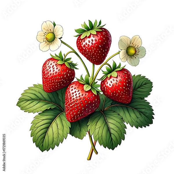 Fototapeta Fresh Strawberries on the Vine with Blossoms Artistic Render for Healthy Eating and Summer Delight