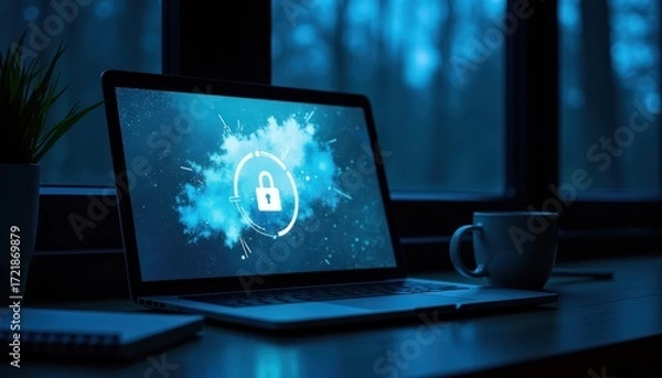 Fototapeta Moody Blue Hour Workspace with Laptop and Notepad