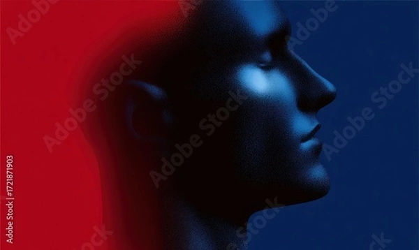 Obraz A striking profile view of a head, bathed in contrasting red and blue hues, highlighting the nuanced textures and forms.