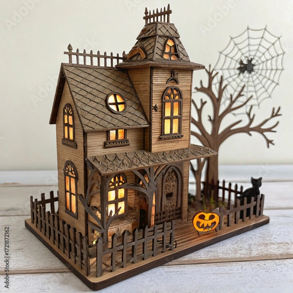Fototapeta Halloween Haunted House Miniature with Spooky Tree and Glowing Lights, Halloween house scene lamp laser png
