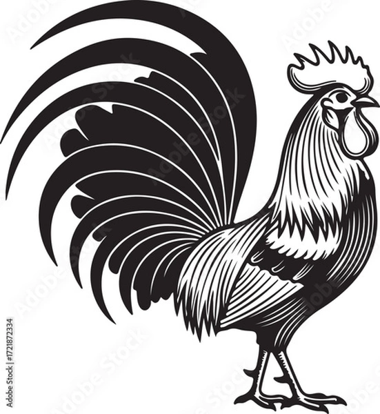 Fototapeta Detailed black and white silhouette of a proud rooster with a large fanned tail chicken