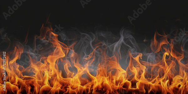 Obraz Detailed Shot of Orange and Yellow Flames with Whisps of Gray Smoke Against Dark Background