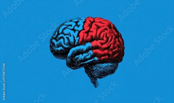 Obraz A stylized illustration of a human brain, bisected into vibrant red and blue halves, set against a plain azure background.