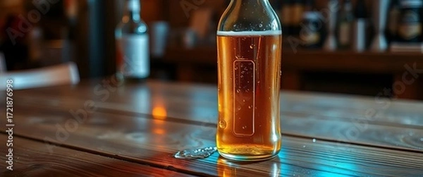 Fototapeta A cold bottle of beer with condensation on a wooden table, object, cold