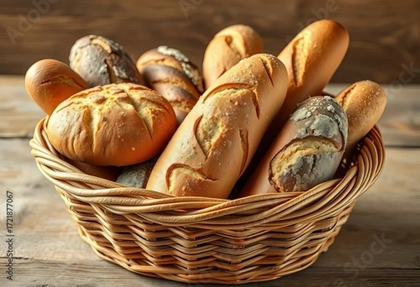 Fototapeta A rustic basket overflowing with various loaves of freshly baked bread,   grain,   fresh