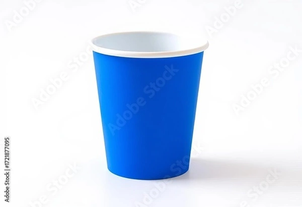 Fototapeta A single, vibrant blue paper cup sits on a white background,  texture,  empty
